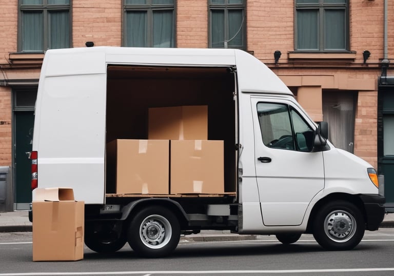 A large delivery truck and a smaller blue van are parked on the side of a road next to a park. A person is standing near the truck's door. Several packages and boxes are placed on the ground between the vehicles. The surrounding area features green trees and a small water fountain within a park setting.