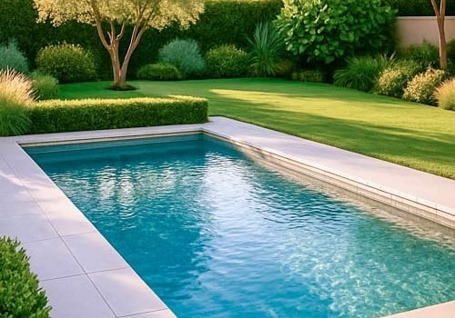 Clean backyard pool surrounded by green lawn and trees, ideal for homeowners looking for reliable pool maintenance