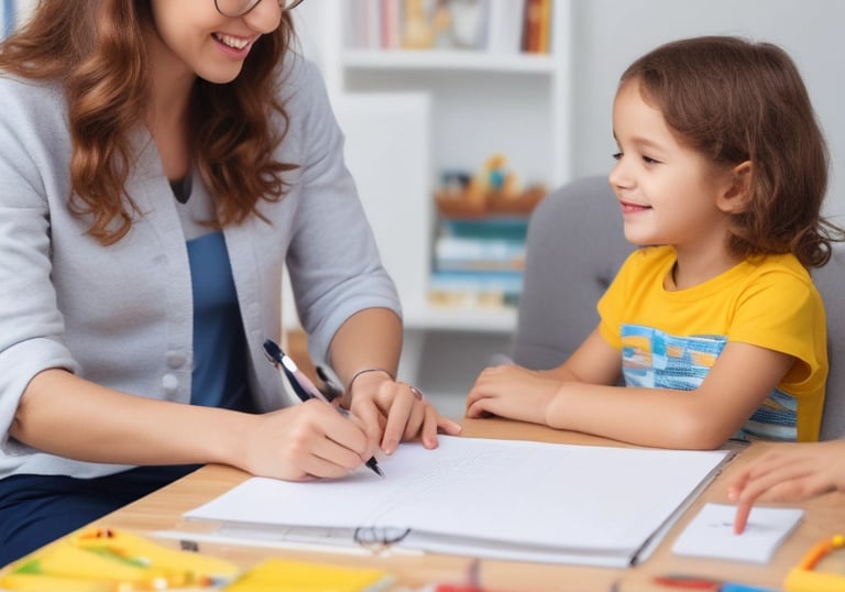a woman sitting at a table with a child