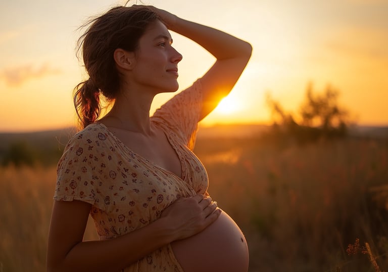 Fotografía de una mujer embarazada viendo hacia el atradecer acariciando su vientre