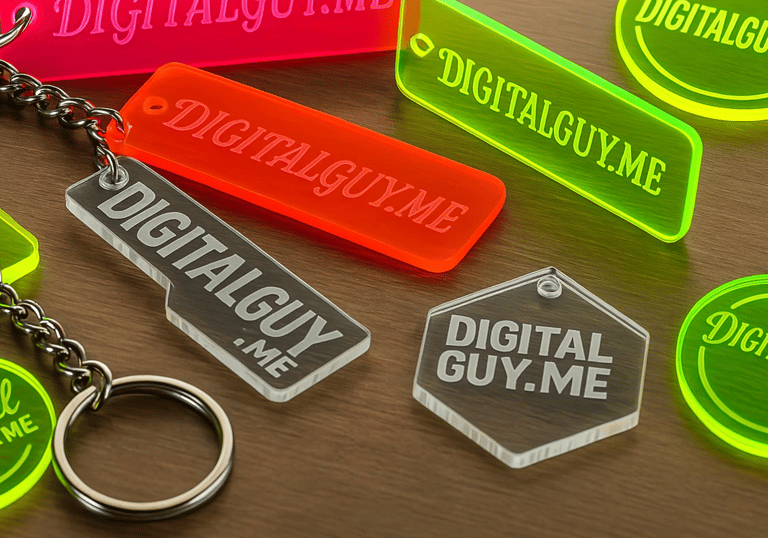 Acrylic keychains with DigitalGuy.me logo. Laser engraved promo items for local tech branding.