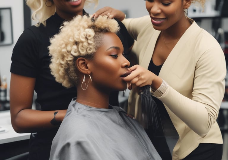 A stylist cutting a client's hair in a modern salon setting.