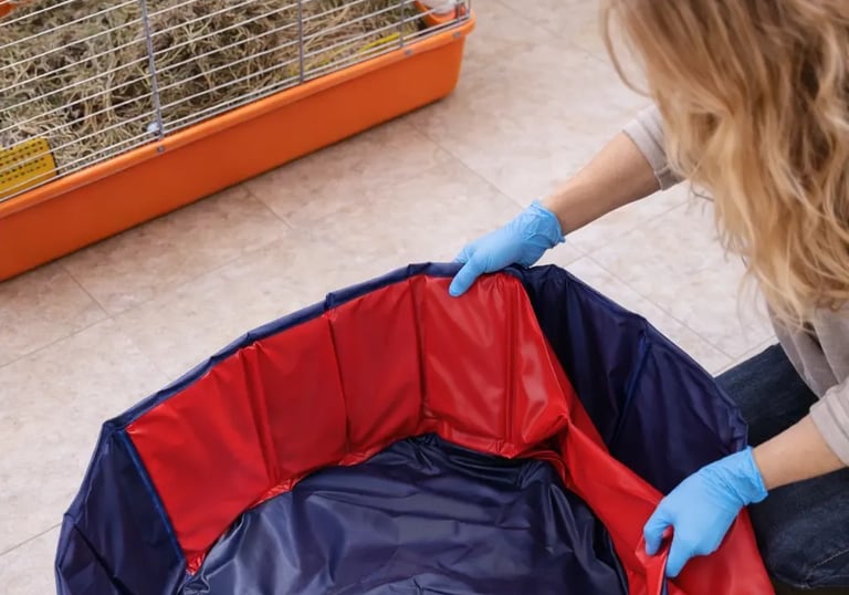 mise en place de la zone tampon sécurisée qui est un enclos pour animaux le temps du nettoyage