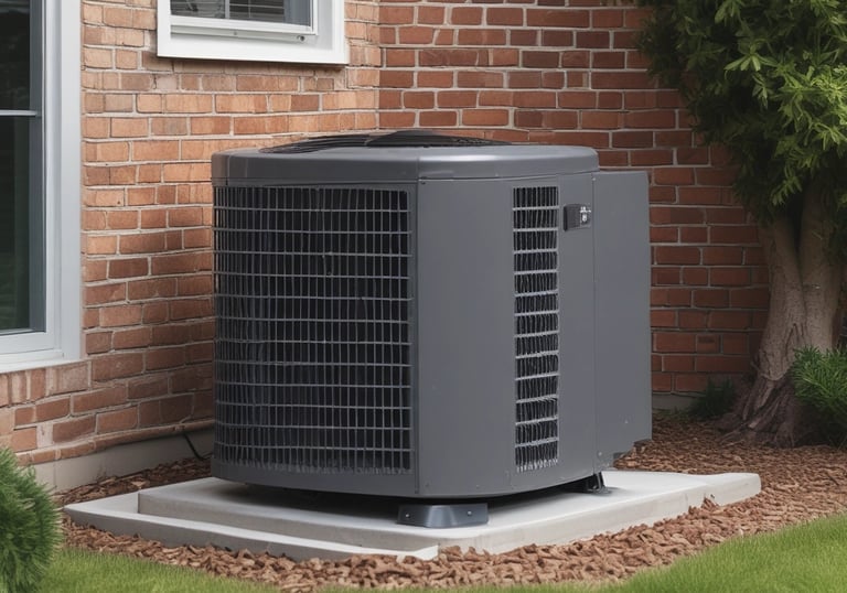 A modern, rectangular air conditioning or heating unit with the logo 'alpha innotec' is installed outside a building with a dark gray brick exterior. The unit is positioned against a light concrete wall, and there is overgrown grass along the edge of the pavement.