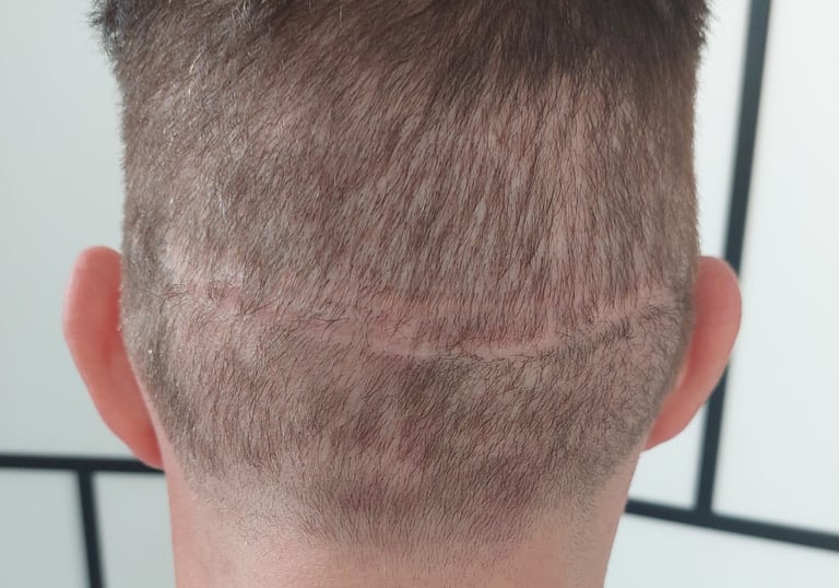 chomme qui a une cicatrice sur le cuir chevelu à cause d'une greffe capillaire
