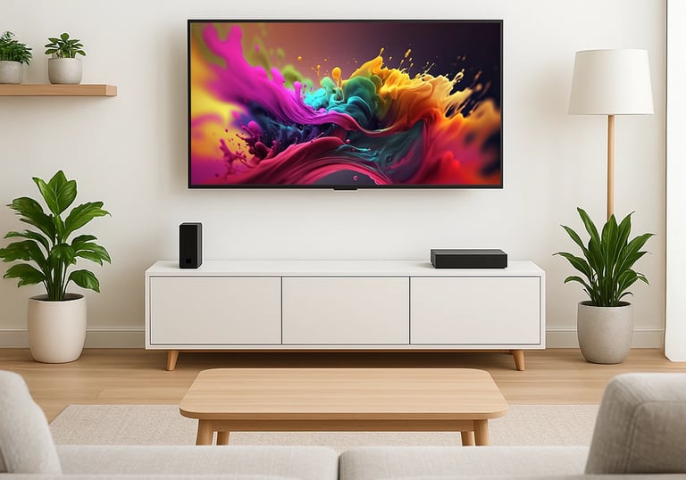 Modern TV setup in tidy living room with vibrant screen. Digital handyman tech cleanup in Iowa.