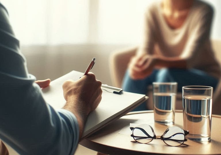 Ein Mann macht Notizen auf einem Block während einer Psychotherapiesitzung eine Frau sitzt gegenüber