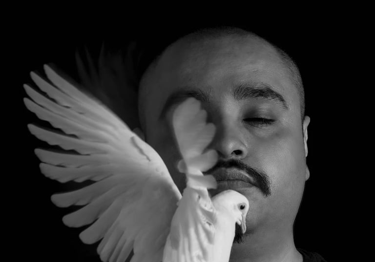a man with a mustache and mustaches is holding a white bird