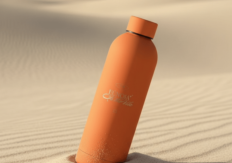 Termo reutilizable de merch eunoia de color naranja colocada en las dunas de arena.