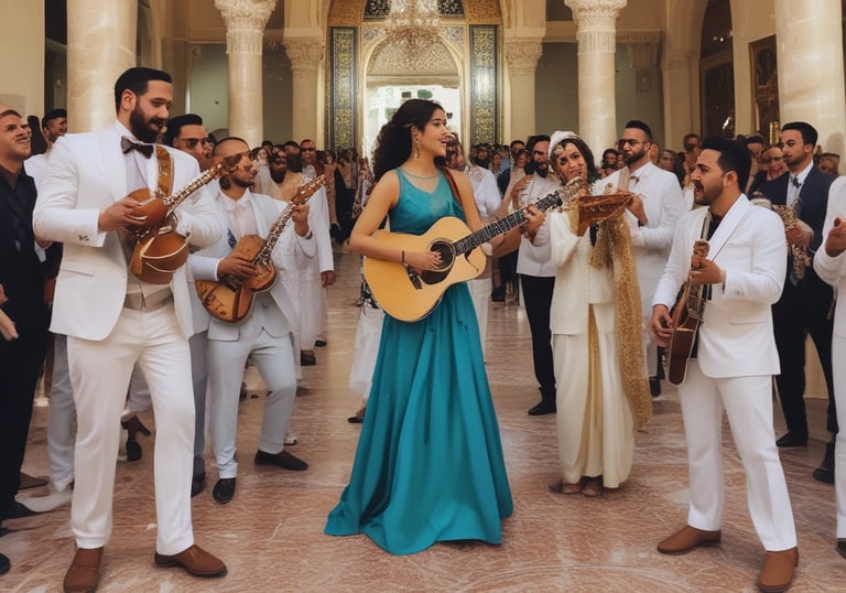 A beautifully decorated event hall with elegant lighting and tables set for a celebration.