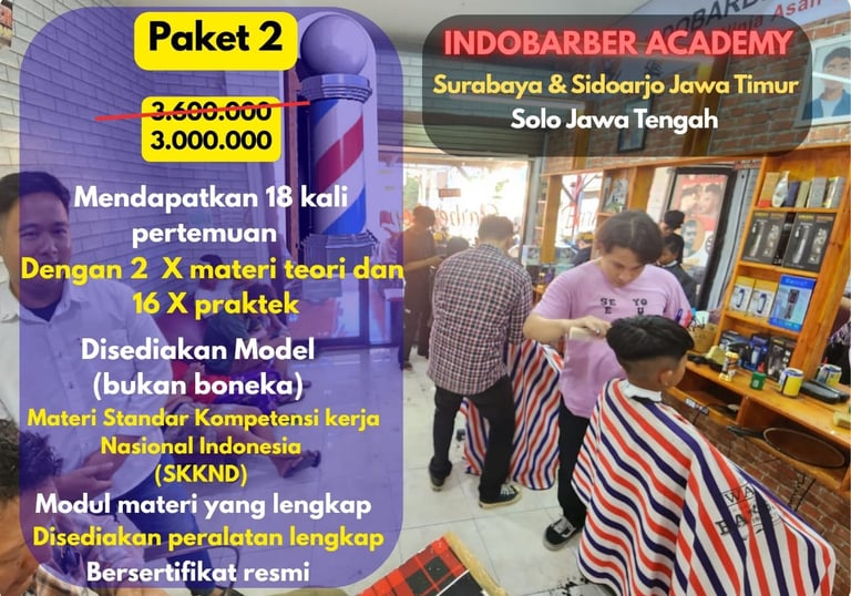 Paket medium kursus potong rambut barbershop Indobarber Academy Surabaya