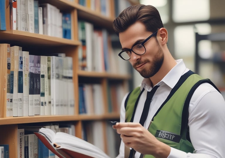 a man in a green Hi-Viz vest reading a book