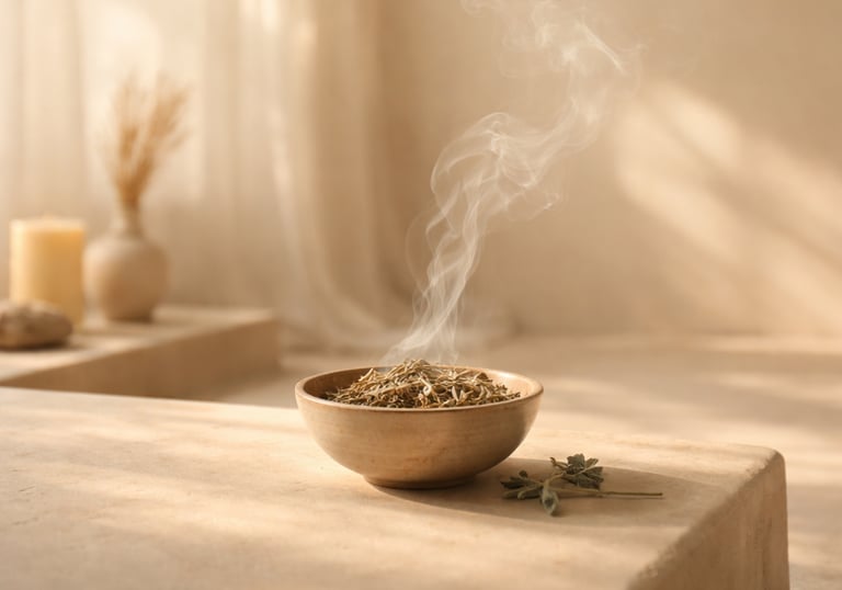 Limpieza del campo energético, vela y humo suave en tonos beige