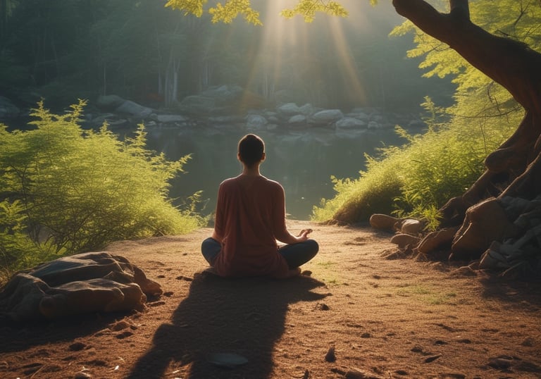 A tranquil scene of a person meditating in nature.