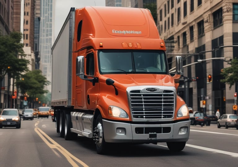 A large white tanker truck with multiple trailers is parked in an industrial area. The truck displays the logo of a company named ALE and carries a label indicating quality control. The surrounding area includes large cylindrical storage tanks and various industrial structures. The sky is bright with patches of clouds, suggesting clear weather.