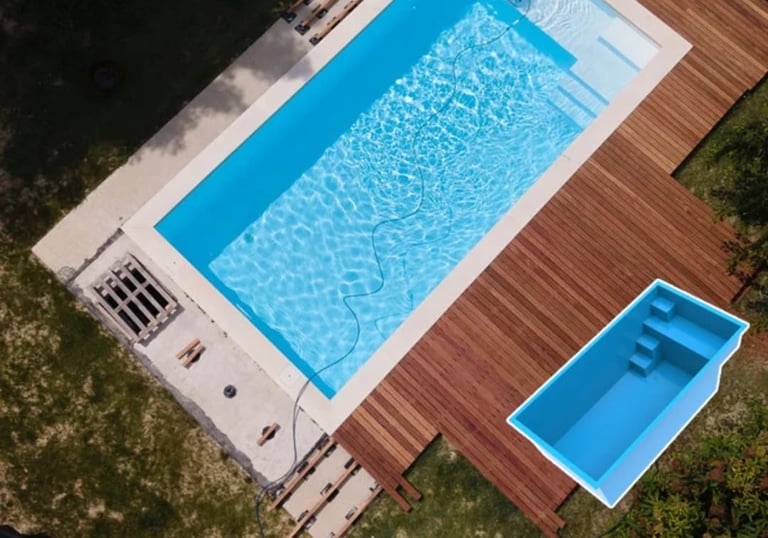a pool with a wooden deck and a pool