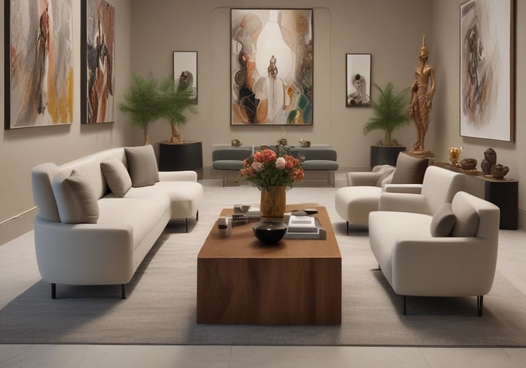 A vibrant art installation featuring a mix of traditional and contemporary pieces.