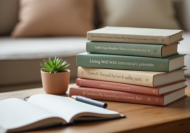 A stack of bladder pain syndrome and interstitial cystitis books on a table in a cozy living room