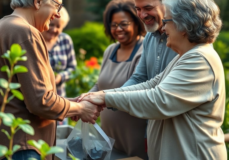 un homme et une femme se serrant la main dans un jardin