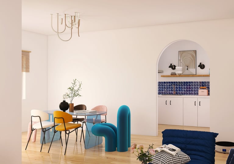 Vista de comedor y sala integrados con mobiliario de diseño vanguardista y arco de paso.