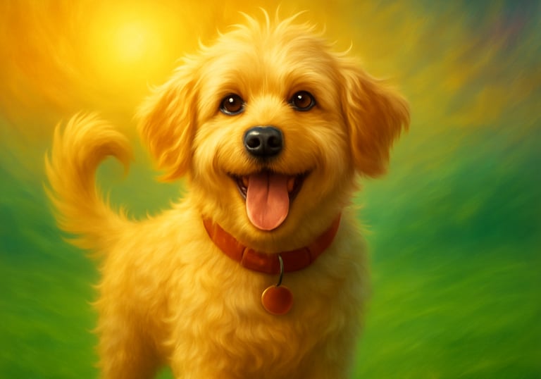 a golden doodle dog is standing in the grass with a sun shining behind it