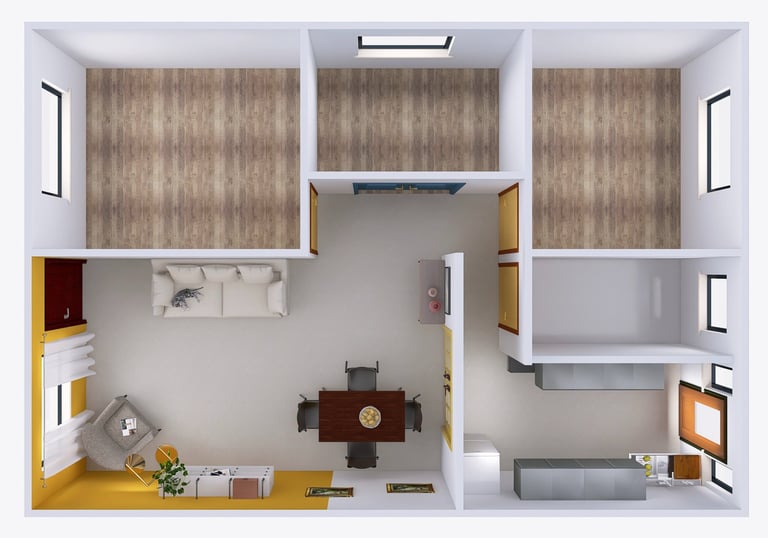 Plano 3D de distribución de interiores para departamento moderno por Atípico Studio