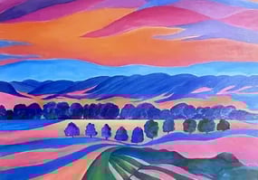 Colorful landscape painting in pink, blue, and orange tones – Australian contemporary art by Eleanor Crouch