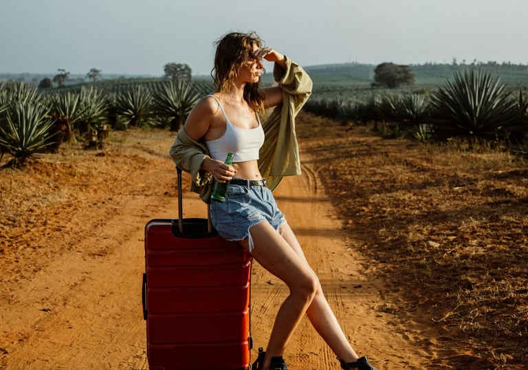 a woman in a white tank top and shorts sitting on a suitcase in the desert while holding a drink