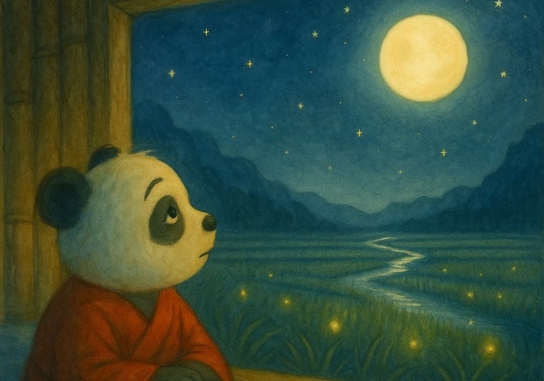 Children’s picture book image of panda gazing at moon, teaching patience for ages 3–7