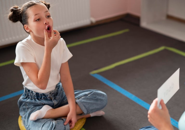 Een jong meisje dat al zittend mondoefeningen aan het uitvoeren is