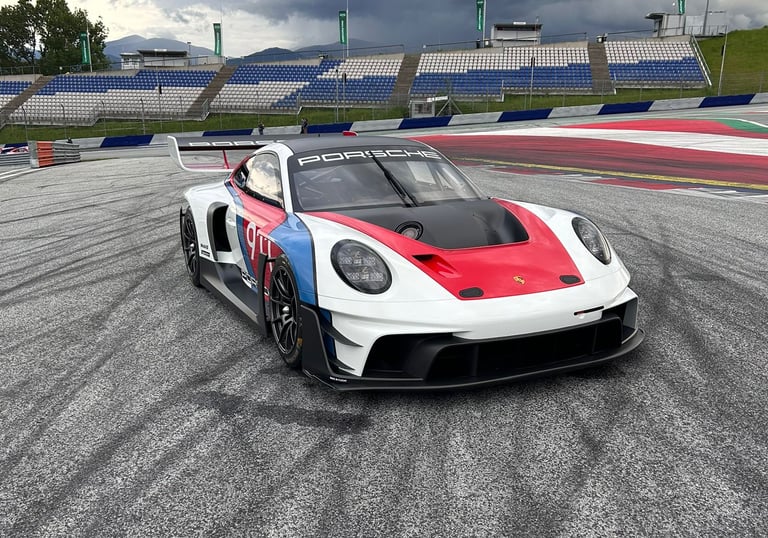 an Enlab white and red Porsche sports car on a track