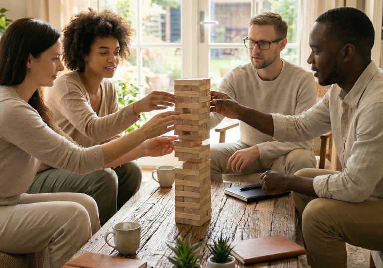 Innerloom Life Coaching: Friends playing giant Jenga, carefully balancing the tower to show stabilization and support.