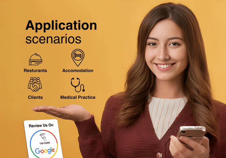 Smiling woman presenting NFC Google review sign. Social proof display for small businesses.