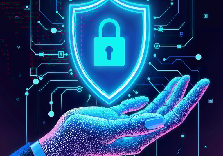 a hand holding a shield with a lock on it