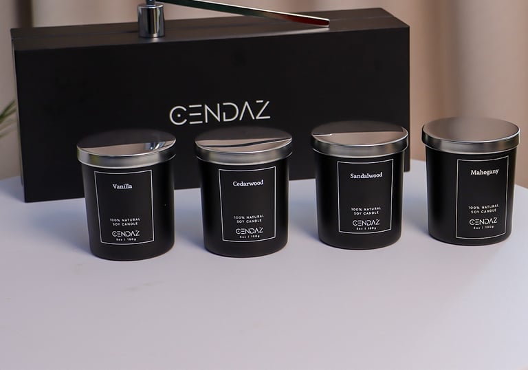 Luxury soy wax candle set with 4 jars and metal snuffer in gift box