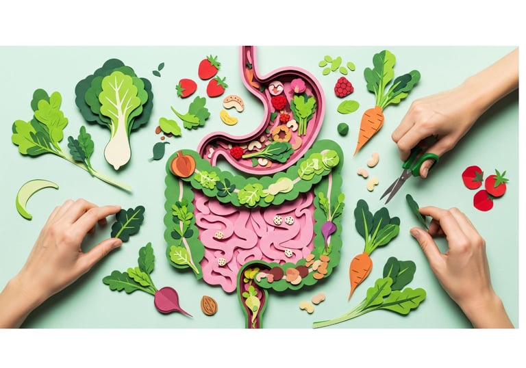 Colorful paper cutout digestive system with fruits, vegetables, and legumes showing healthy gut diet