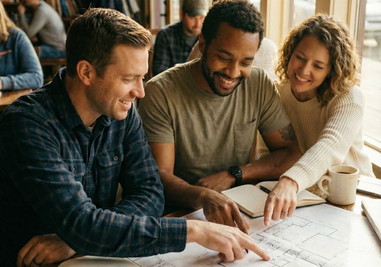 InnerLoom Life Coaching: Friends collaborate in a bookstore. Empowerment, goal setting, and planning for a bright future.