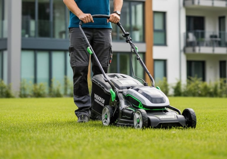 a man standing in the grass with a lawn mower