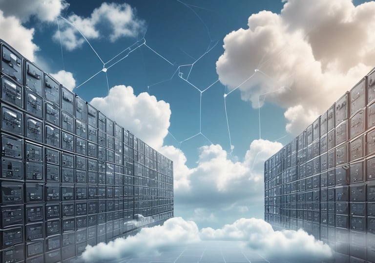 A digital rendering depicting a tall, metallic server rack positioned centrally on a platform. The server appears to have multiple blue-lit slots. Surrounding the rack, there are several stacks of cylindrical objects resembling databases or storage units, all set against a dark background.