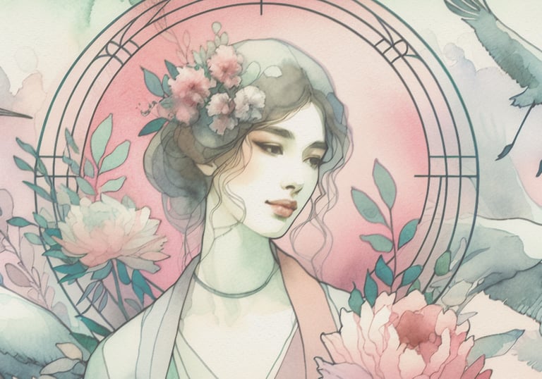 obraz akwarelowy z portretem kobiety w stylu secesyjnym