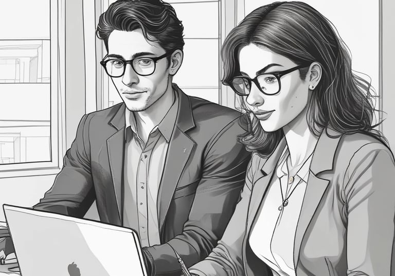 a man and woman sitting at a table with a laptop