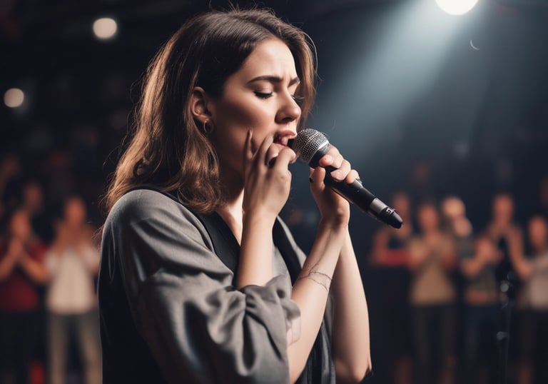 A sleek studio setup with mixing boards and headphones illuminated by soft black and gold tones.