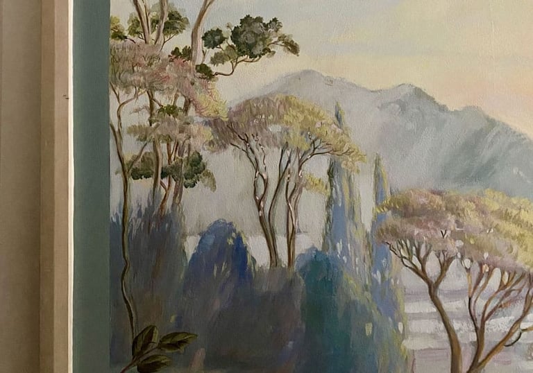 Detail of mural with painted architectural detail around a door frame.