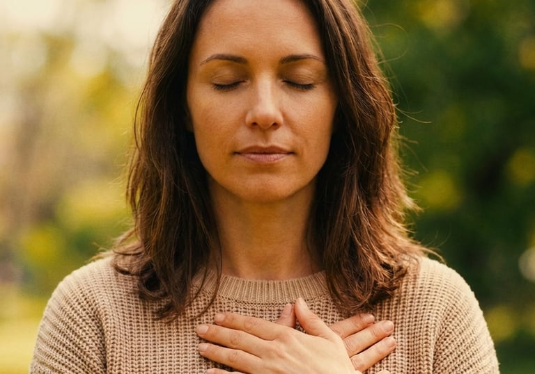 InnerLoom Life Coaching: Women warm nature setting, grounding herself, finding clarity and peace