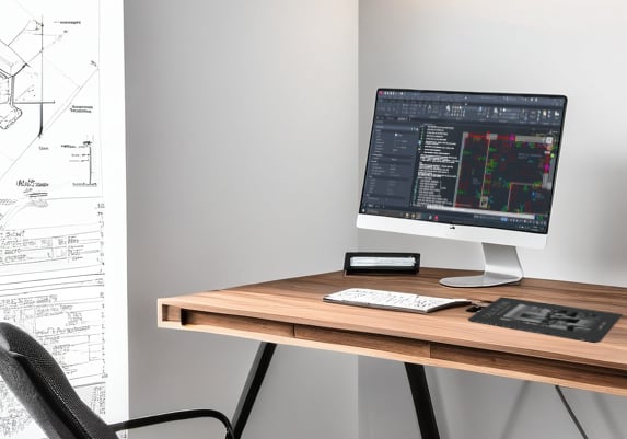 Stanowisko pracy z rysunkiem technicznym w tle oraz komputerem z AutoCADem