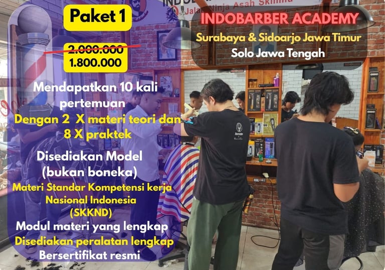 Paket basic kursus potong rambut barbershop Indobarber Academy Surabaya