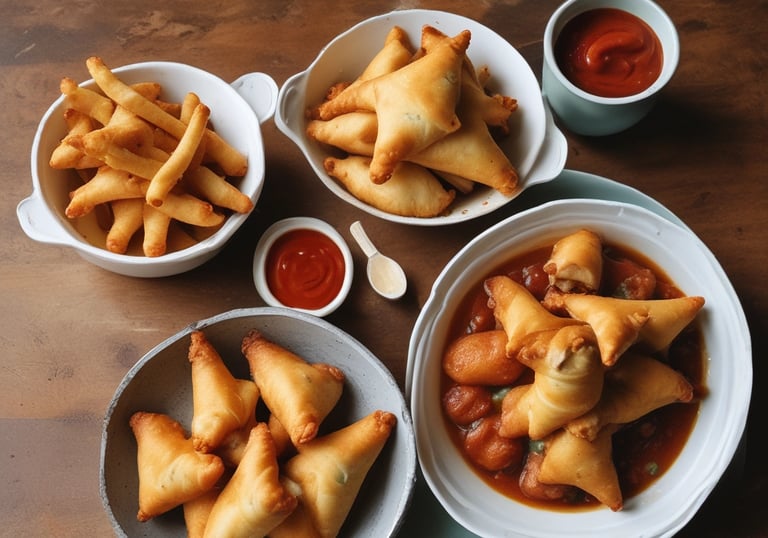 A plate of crispy golden fries and samosas with chutney dips.