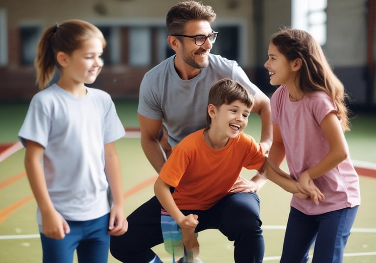 grayscale photography of man standing beside kids wearing jersey shirts