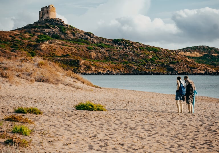 San Giovanni di Sinis beach in Cabras with ancient tower in the background