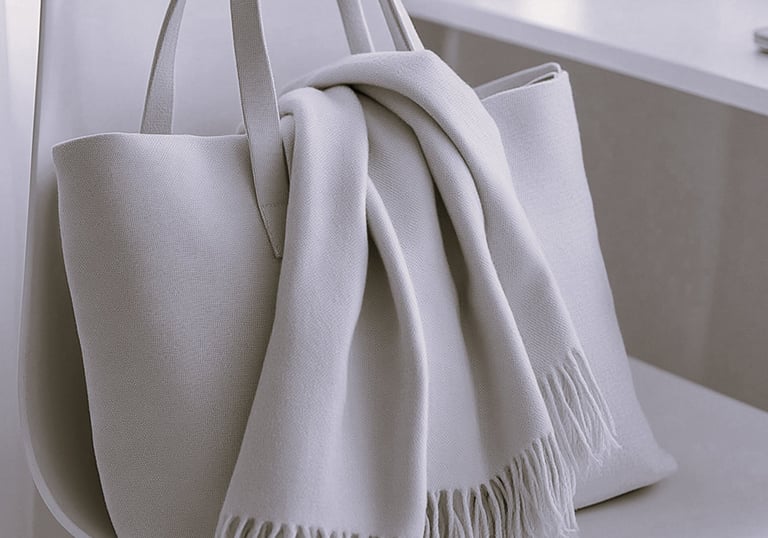 A close-up of a tote bag with a scarf draped over it, on a sleek white office chair.